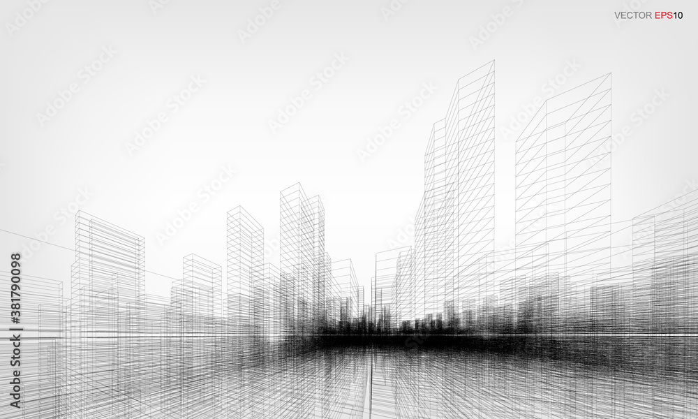 Poster wireframe city background. perspective 3d render of building wireframe. vector.
