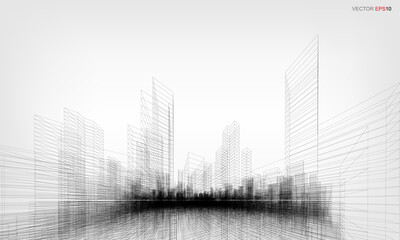 Wireframe city background. Perspective 3D render of building wireframe. Vector.