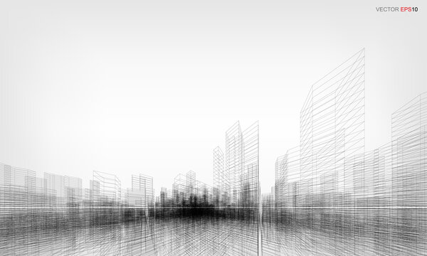 Wireframe city background. Perspective 3D render of building wireframe. Vector.