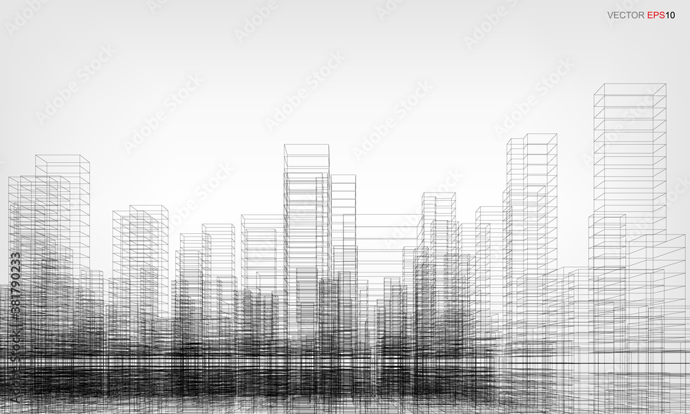 Poster wireframe city background. perspective 3d render of building wireframe. vector.