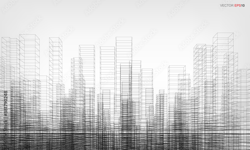 Poster wireframe city background. perspective 3d render of building wireframe. vector.