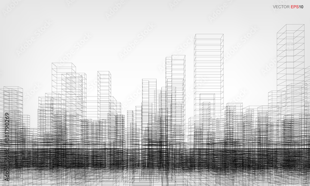 Poster wireframe city background. perspective 3d render of building wireframe. vector.