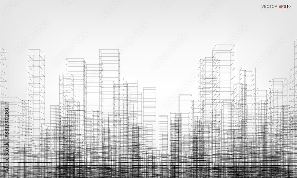 Poster wireframe city background. perspective 3d render of building wireframe. vector.