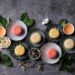 Colorful Snow Skin Moon Cake, Sweet Snowy Mooncake, Traditional Savory Dessert for Mid-Autumn Festival on Stone Background