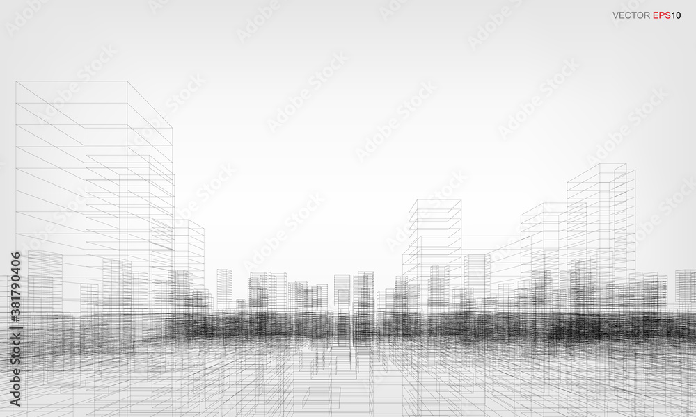 Aufkleber wireframe city background. perspective 3d render of building wireframe. vector.