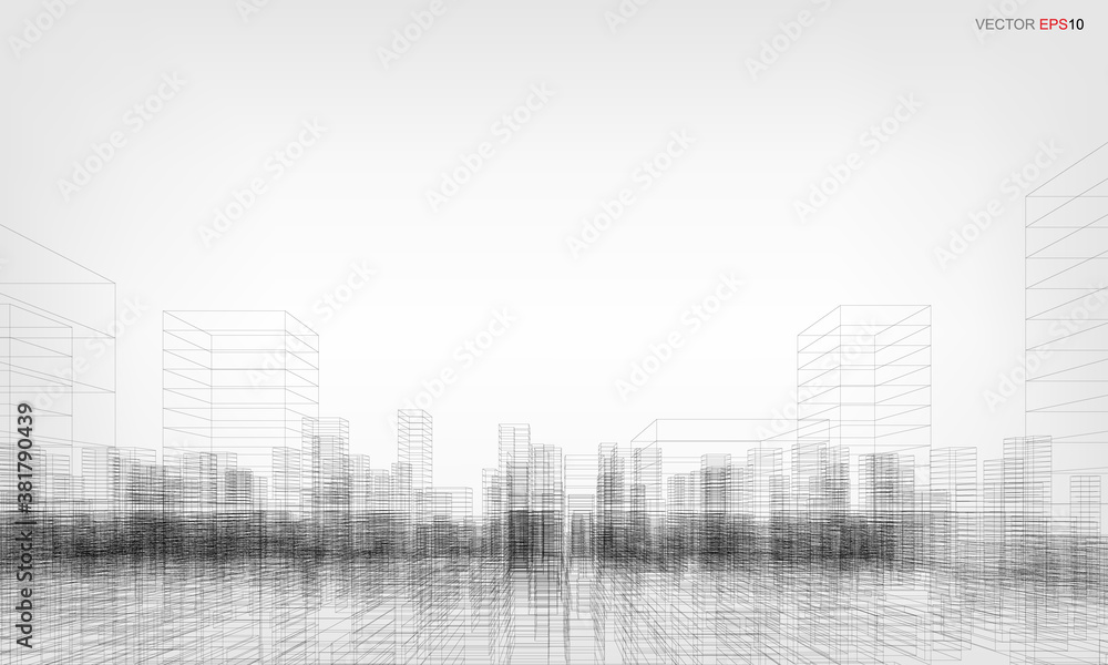Poster wireframe city background. perspective 3d render of building wireframe. vector.