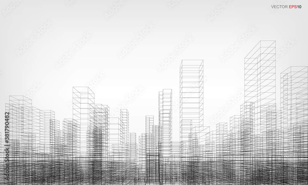 Poster wireframe city background. perspective 3d render of building wireframe. vector.