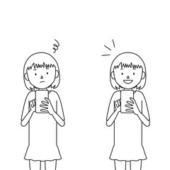 Illustration set of a girl using smartphone (I don't know how to use it, I understand!)