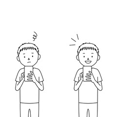 Illustration set of a boy using smartphone (I don't know how to use it, I understand!)