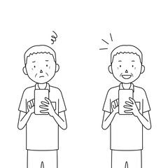 Illustration set of a senior man using smartphone (I don't know how to use it, I understand!)