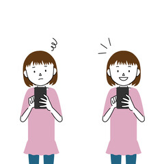 Illustration set of a girl using smartphone (I don't know how to use it, I understand!)