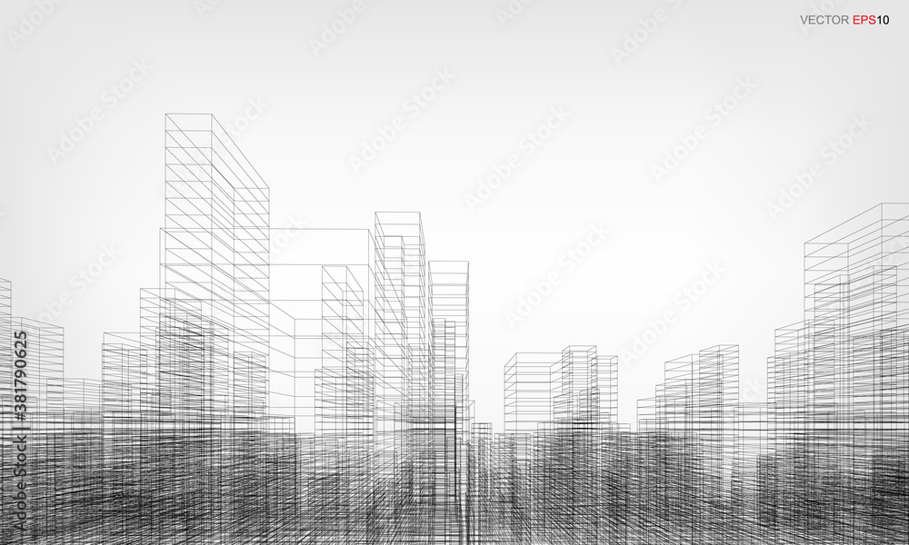 Poster wireframe city background. perspective 3d render of building wireframe. vector.