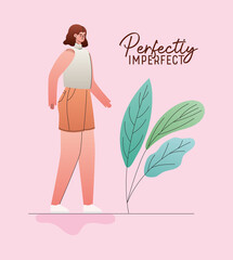 perfectly imperfect woman cartoon with leaves vector design