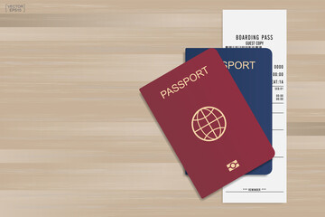 Passport and boarding pass ticket on wood background. Vector.
