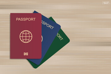 Set of passport on wood background. Vector.