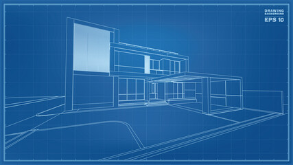 Blueprint Perspective. 3D render of tropical house wireframe. Vector illustration of house construction.