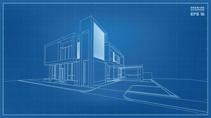 Blueprint Perspective. 3D render of tropical house wireframe. Vector illustration of house construction.