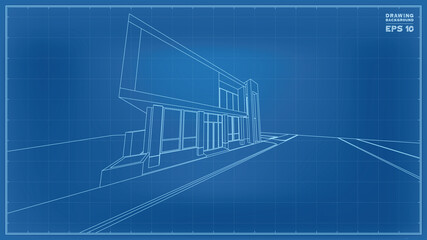 Blueprint Perspective. 3D render of tropical house wireframe. Vector illustration of house construction.