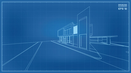 Fototapeta na wymiar Blueprint Perspective. 3D render of tropical house wireframe. Vector illustration of house construction.