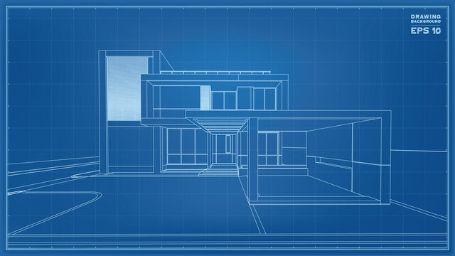 Blueprint Perspective. 3D render of tropical house wireframe. Vector illustration of house construction.