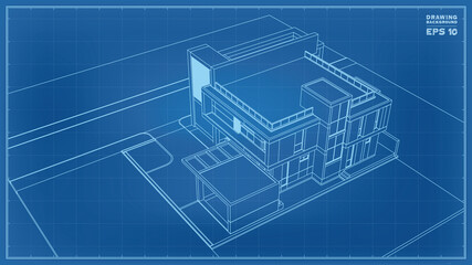 Blueprint Perspective. 3D render of tropical house wireframe. Vector illustration of house construction.