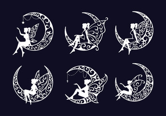 Set of fairy and crescent moon cut file illustration - obrazy, fototapety, plakaty