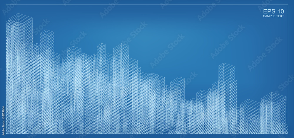 Poster abstract 3d perspective render of building wireframe. architectural construction graphic idea. vecto