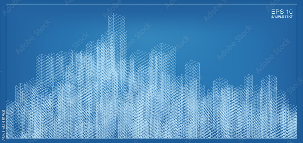 Poster abstract 3d perspective render of building wireframe. architectural construction graphic idea. vecto