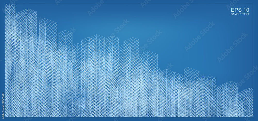 Poster abstract 3d perspective render of building wireframe. architectural construction graphic idea. vecto