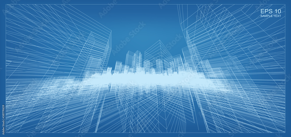 Poster abstract 3d perspective render of building wireframe. architectural construction graphic idea. vecto