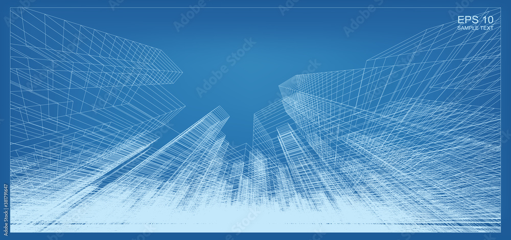 Poster abstract 3d perspective render of building wireframe. architectural construction graphic idea. vecto