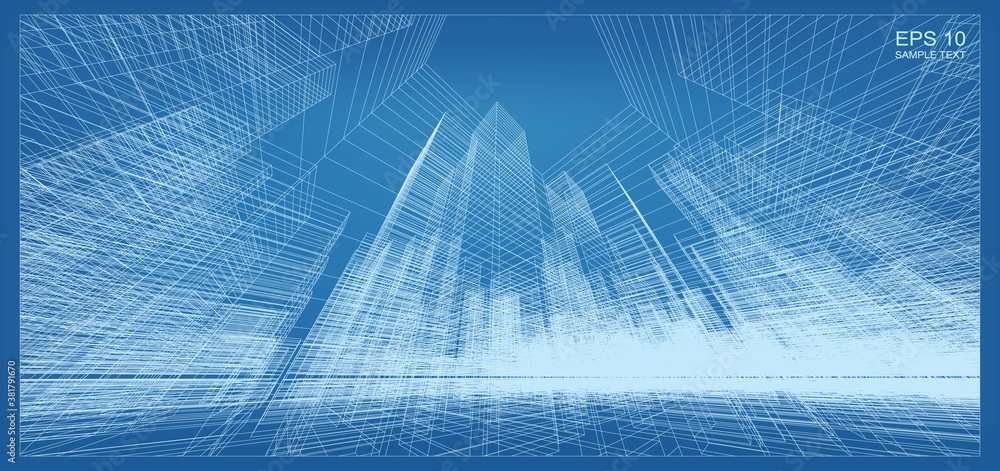 Poster abstract 3d perspective render of building wireframe. architectural construction graphic idea. vecto