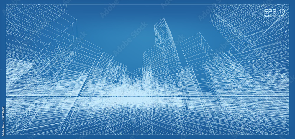 Poster abstract 3d perspective render of building wireframe. architectural construction graphic idea. vecto