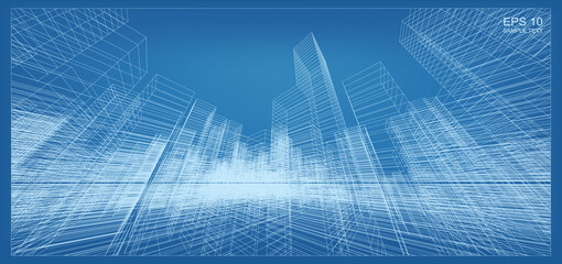 Abstract 3D perspective render of building wireframe. Architectural construction graphic idea. Vector.