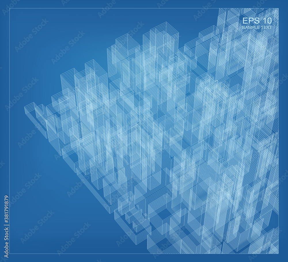 Poster abstract 3d perspective render of building wireframe. architectural construction graphic idea. vecto