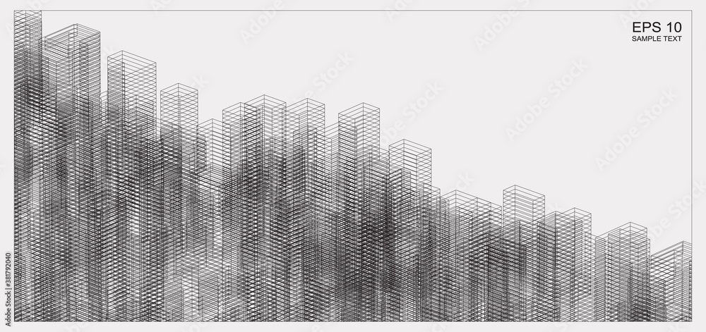 Poster abstract matrix wireframe space of building. 3d perspective wireframe background. vector.