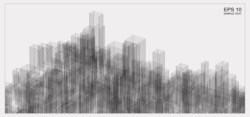 Abstract matrix wireframe space of building. 3D Perspective wireframe background. Vector.