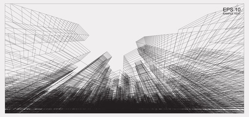 Perspective 3D render of building wireframe. Abstract wireframe city background of building. Vector.