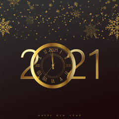 Naklejka na ściany i meble Happy 2021 Year card with golden watch and snowflakes on black background. Vector.
