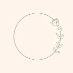 Circle frame of Lisianthus Flowers and branches. Round icon in a trendy minimalistic linear style. Vector Floral Emblem for cosmetics logo, beauty Studio, hair salon, handmade, spa