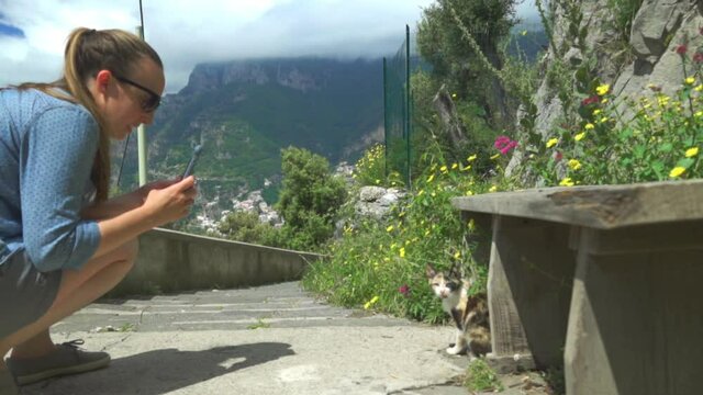 Beautiful Italian Woman With Smartphone Taking Picture Of A Cat Sitting At The Path Of The Gods In Amalfi Coast, Italy - tilt down shot, slow motion