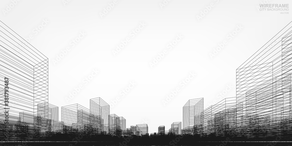 Poster wireframe city background. perspective 3d render of building wireframe. vector.