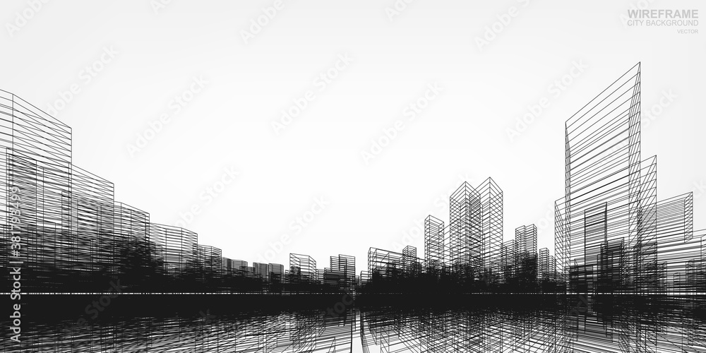 Poster wireframe city background. perspective 3d render of building wireframe. vector.