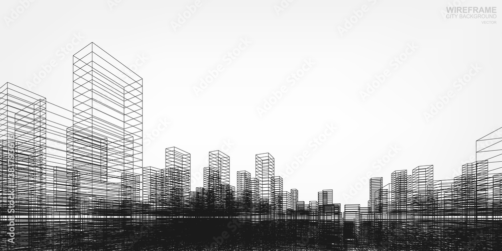 Poster wireframe city background. perspective 3d render of building wireframe. vector.