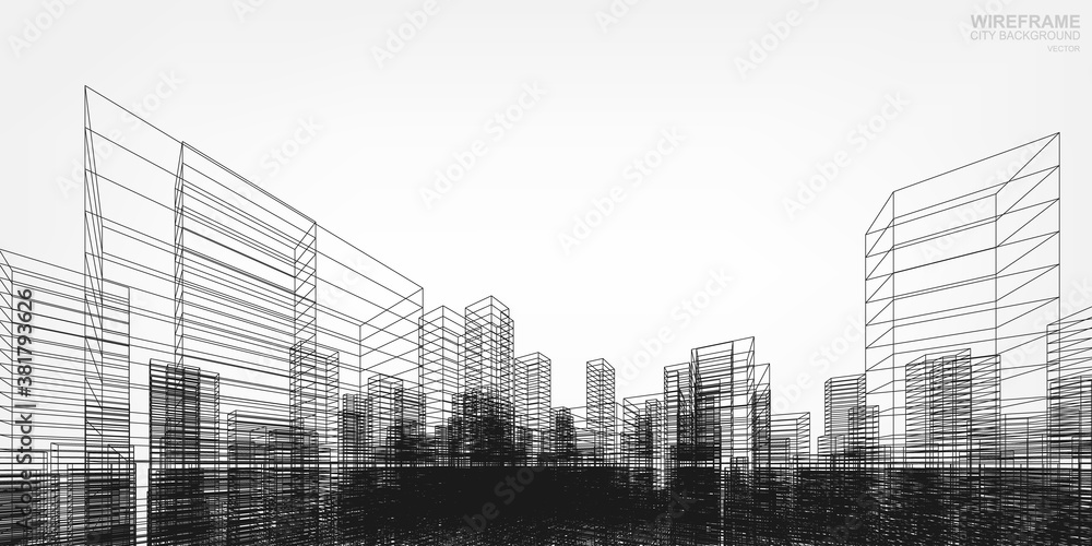 Poster wireframe city background. perspective 3d render of building wireframe. vector.
