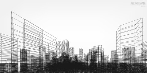 Wireframe city background. Perspective 3D render of building wireframe. Vector.