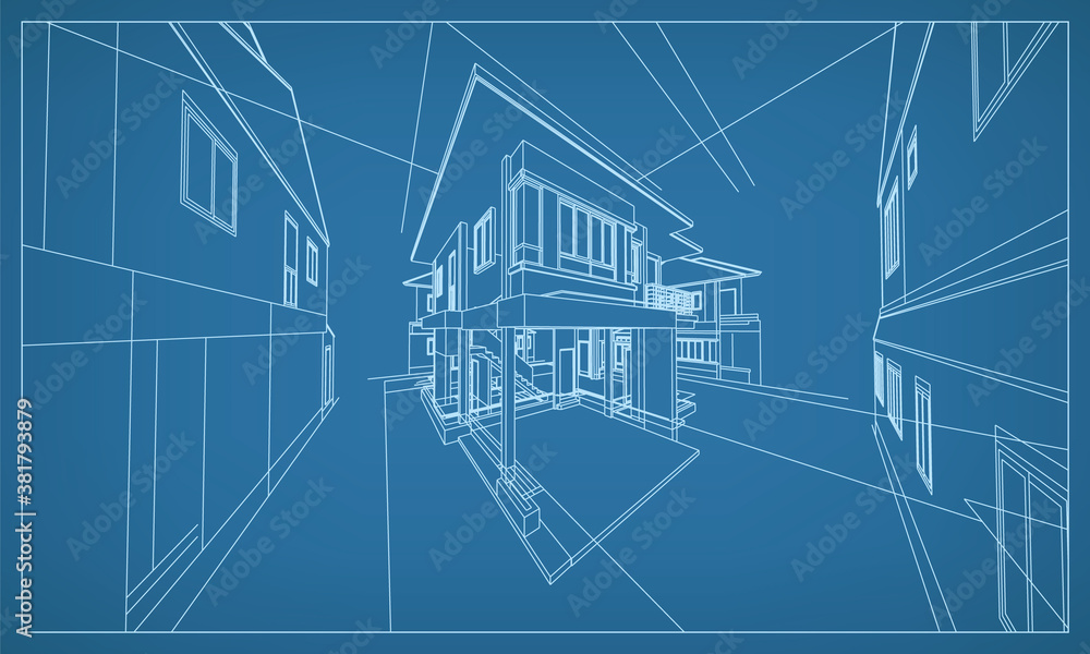 Poster 3d perspective render of building wireframe structure. abstract construction graphic idea. vector.