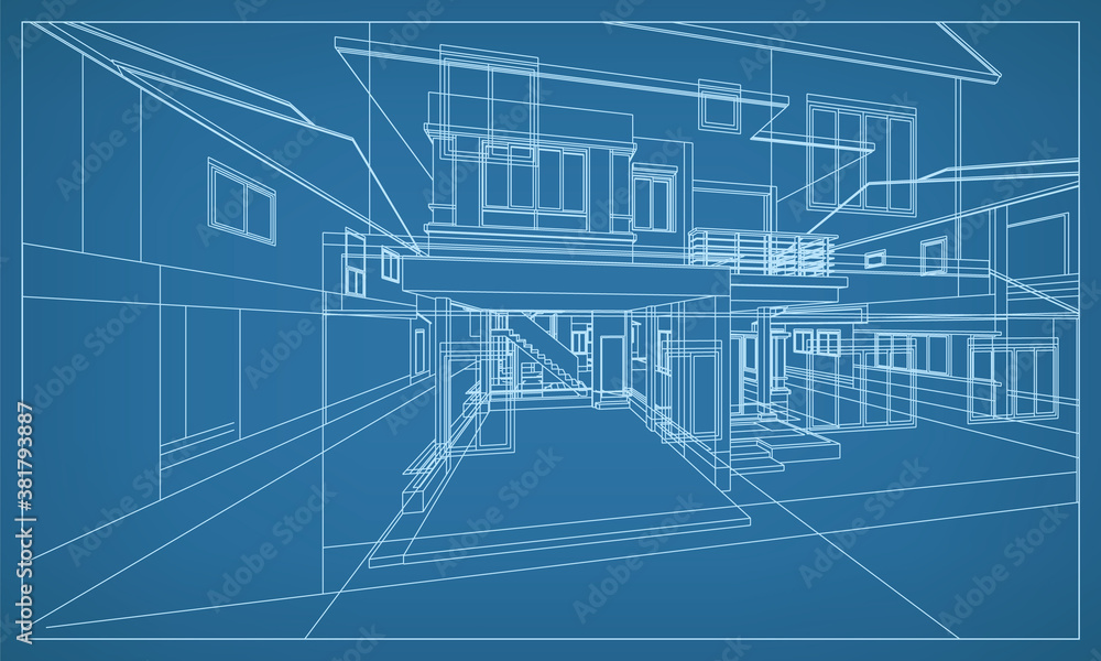 Poster 3d perspective render of building wireframe structure. abstract construction graphic idea. vector.