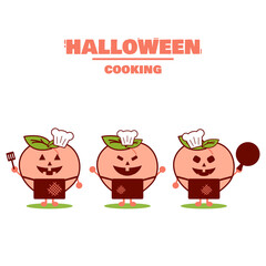 Happy Halloween. Peach chef character. A smiling peach character. Halloween cooking. Illustration vector.