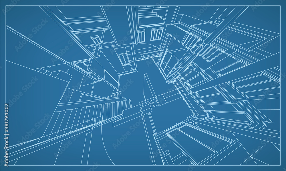 Poster 3d perspective render of building wireframe structure. abstract construction graphic idea. vector.